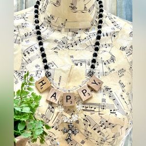 👑Adorned Crown Jewelry HAPPY jet black crystal bead cross necklace